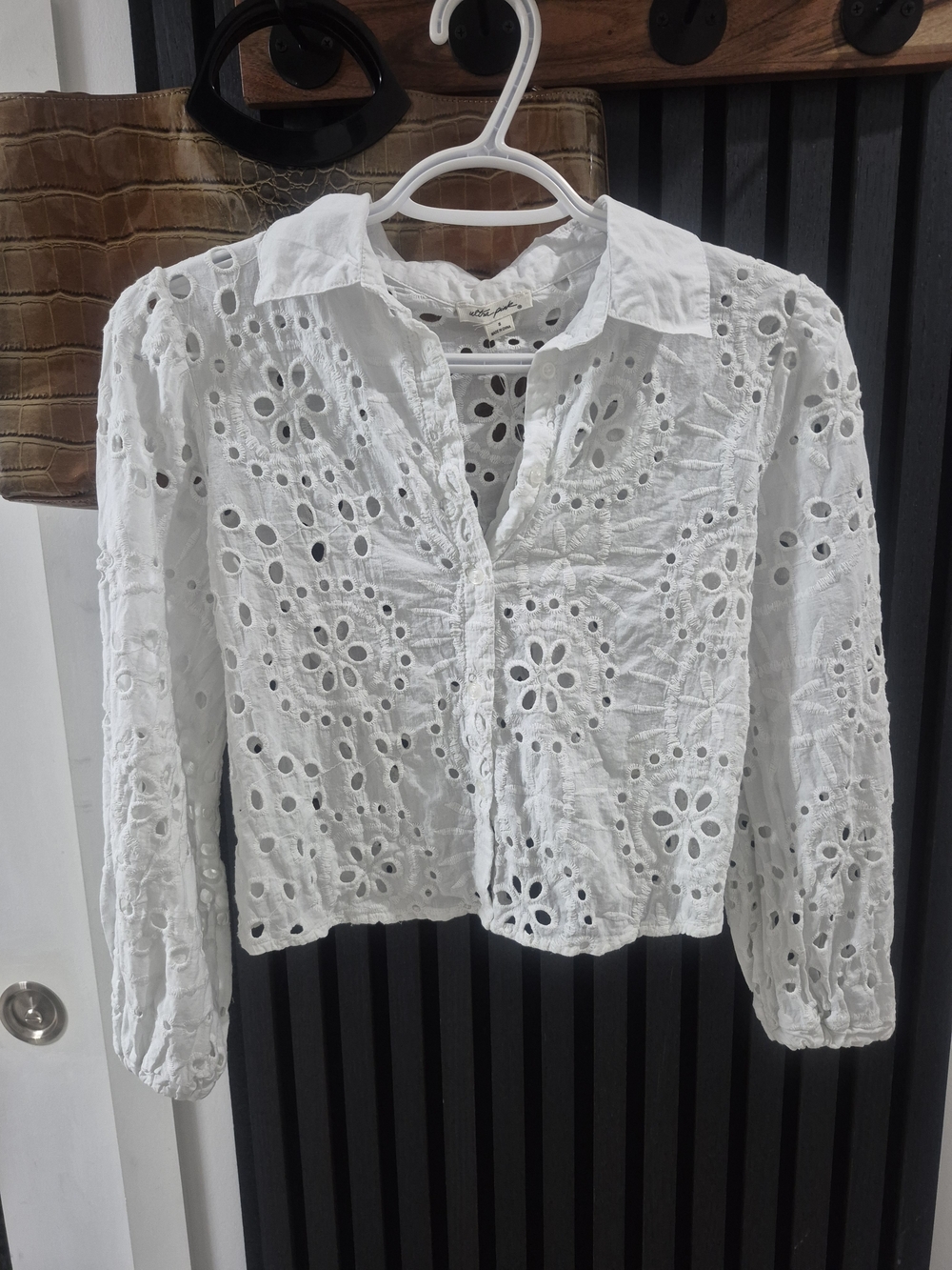 Ultra Pink White Eyelet Cotton Button-Up Blouse